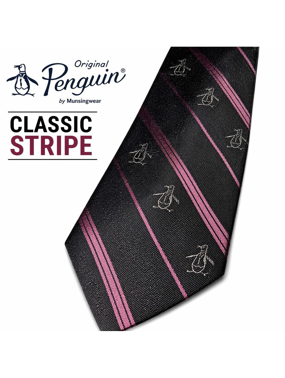 Original Penguin Tie Black Burgundy Striped Logo Necktie Classic Mens Silk Look